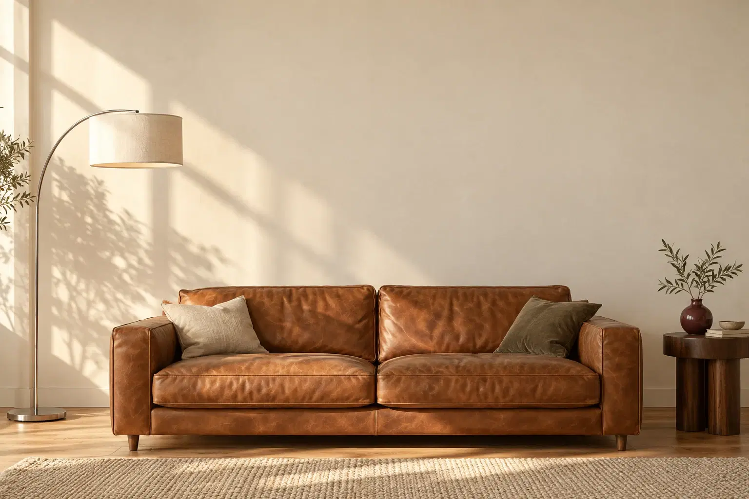 Warm living room with art above a caramel sofa